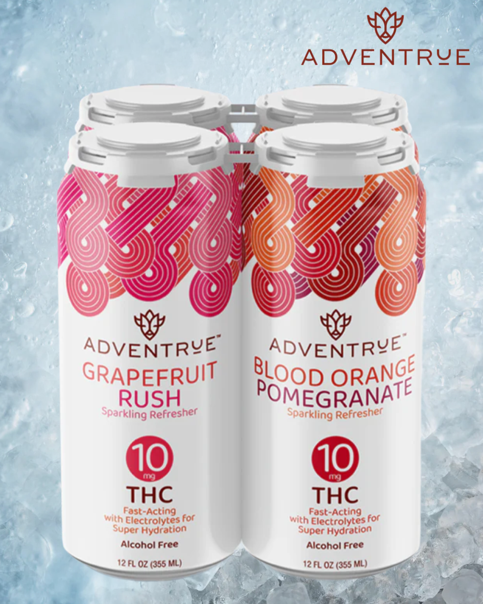 Adventrue 4 pack sampler of sparkling refresher cans on ice with 'Adventrue' branding