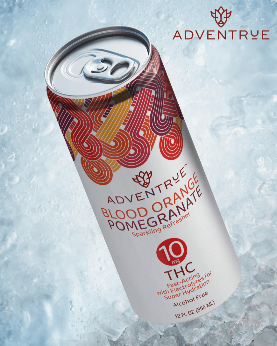 Adventrue Blood Orange Pomegranate sparkling refresher can on ice with 'Adventrue' branding