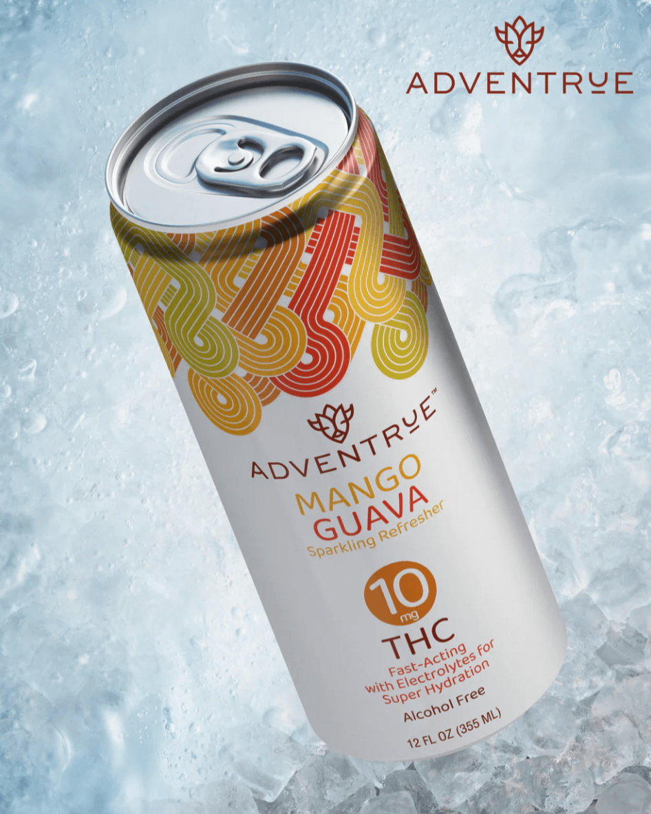Adventrue Mango Guava sparkling refresher can on ice with 'Adventrue' branding