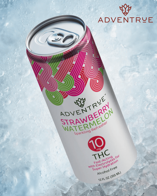 Adventrue Strawberry Watermelon sparkling refresher can on ice with 'Adventrue' branding