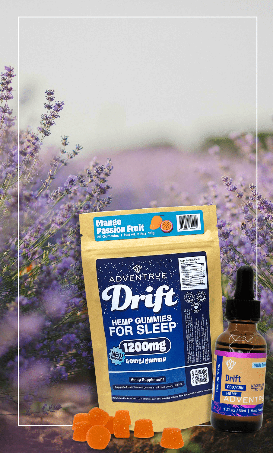 drift gummies & tincture against lavender farm background
